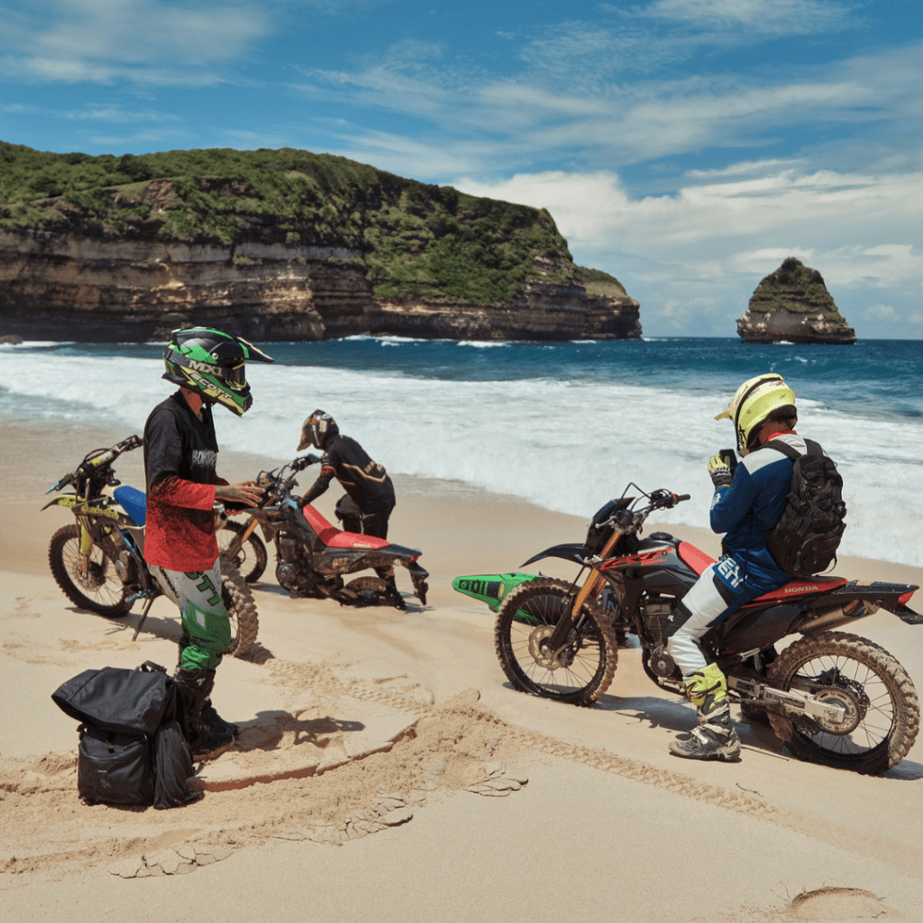 dirt bikes and riders on lombok beach